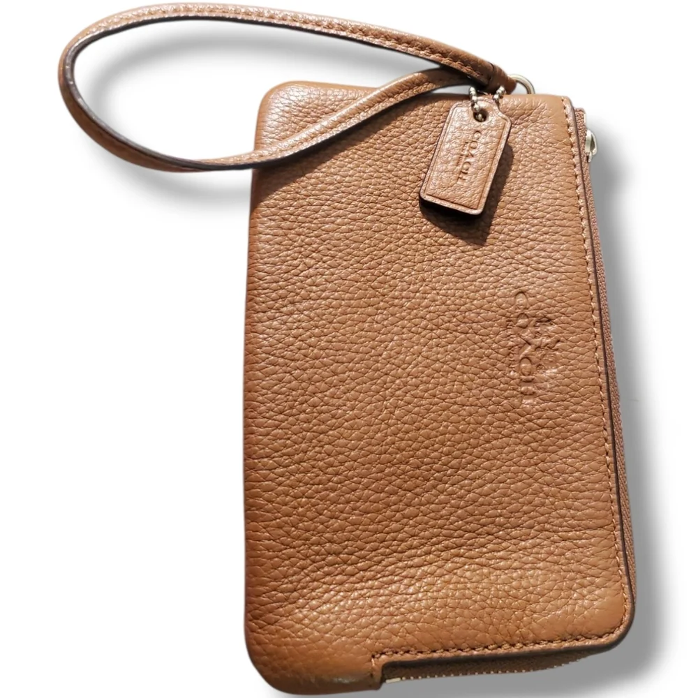 Coach Corner Zip Saddle Brown Pebbled Leather Wristlet - Picture 4 of 12